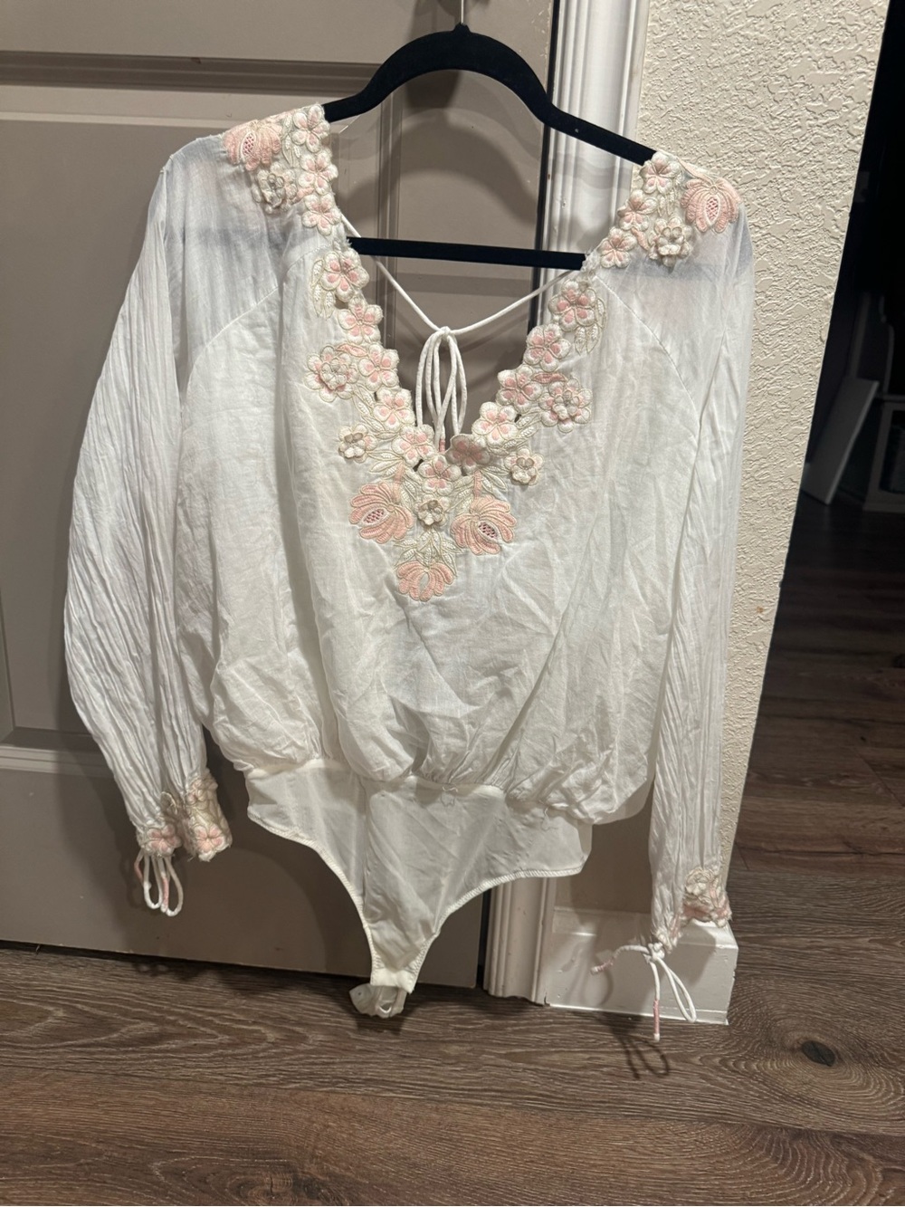 Free People White Floral-Embroidered V-Neck Women's Bodysuit